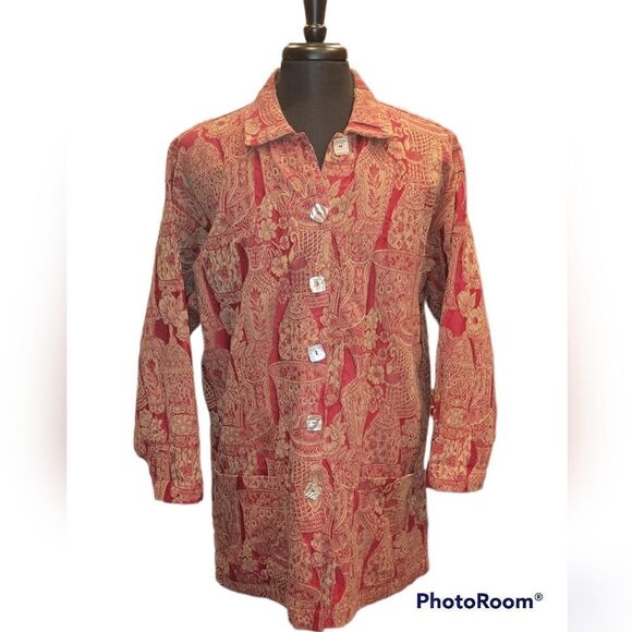 Vintage Harari Red Brocade Textured Jacket Long Sleeve Button Down Top One Size - Picture 1 of 16